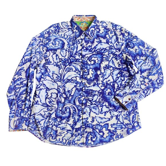 Robert Graham Blue White Abstract Floral Print Flip Cuff Long Sleeve Shirt, 2XL
